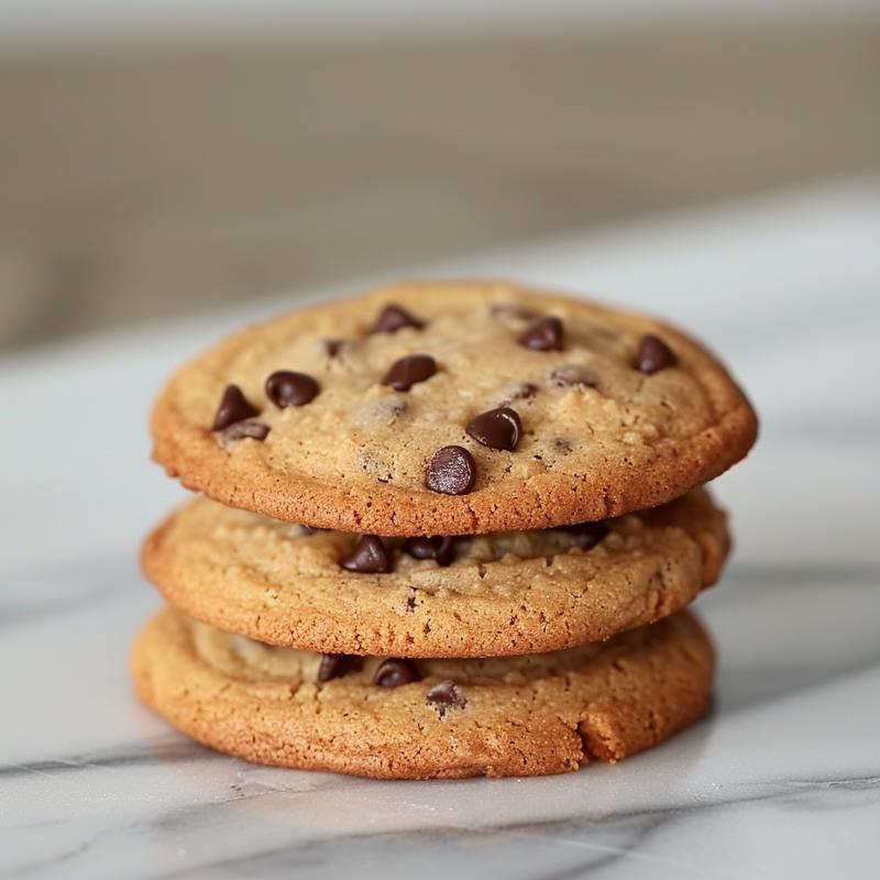 A close-up of three crunchy chocolate chip cookies stacked on a white marble surface.