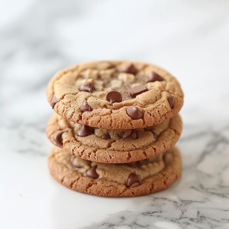 Three freshly baked chocolate chip cookies stacked on a white marble surface with natural light highlighting their texture.