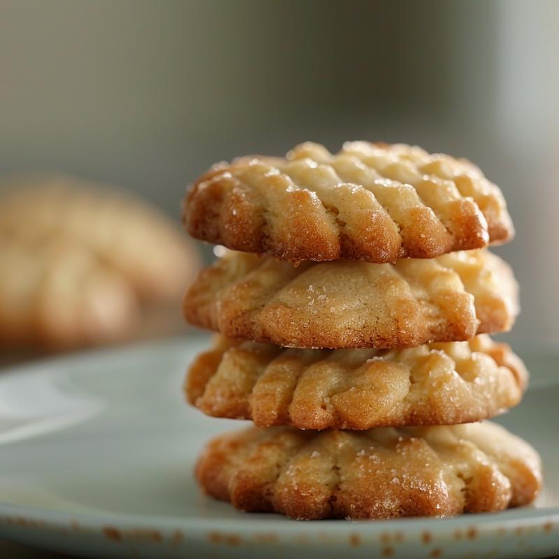 Three gooey butter cookies stacked on a light grey ceramic plate in bright natural light.
