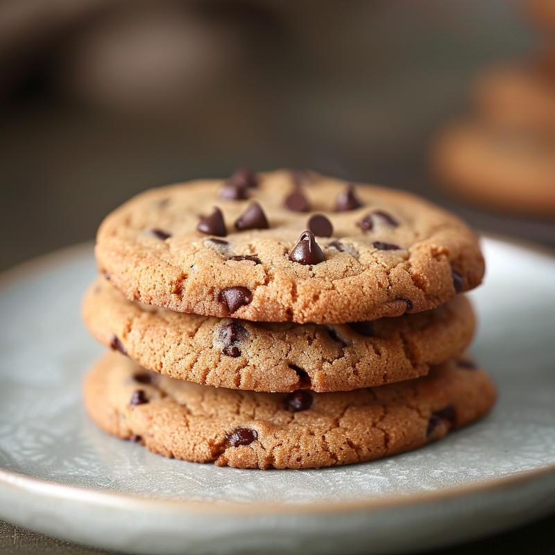 A stack of three chocolate chip pudding cookies on a light grey ceramic plate.