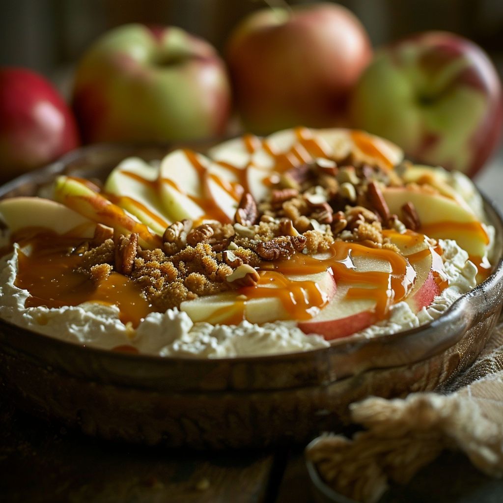 A close-up view of creamy caramel apple dip with sliced apples for dipping, beautifully lit.