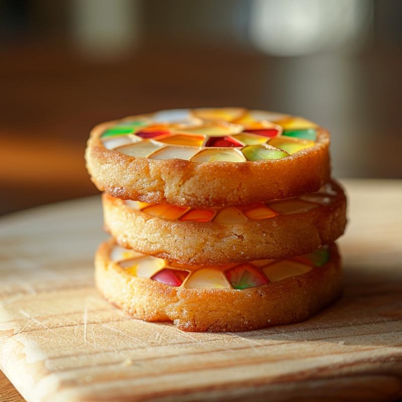 A close-up of three stacked stained glass cookies on a wooden board.
