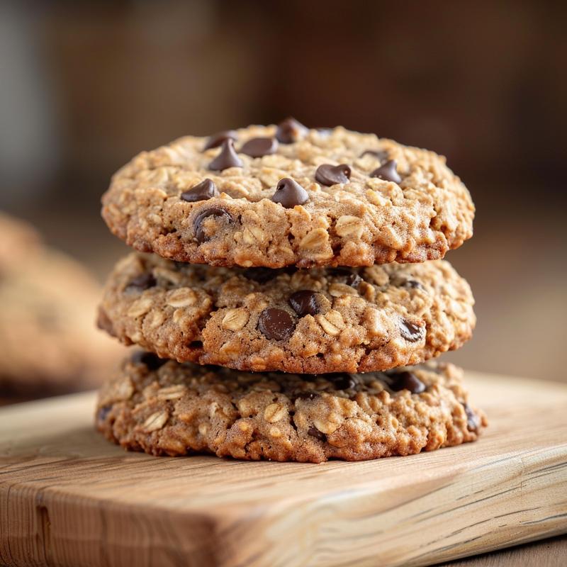 A close-up of three chewy oatmeal chocolate chip cookies on a light wooden board.