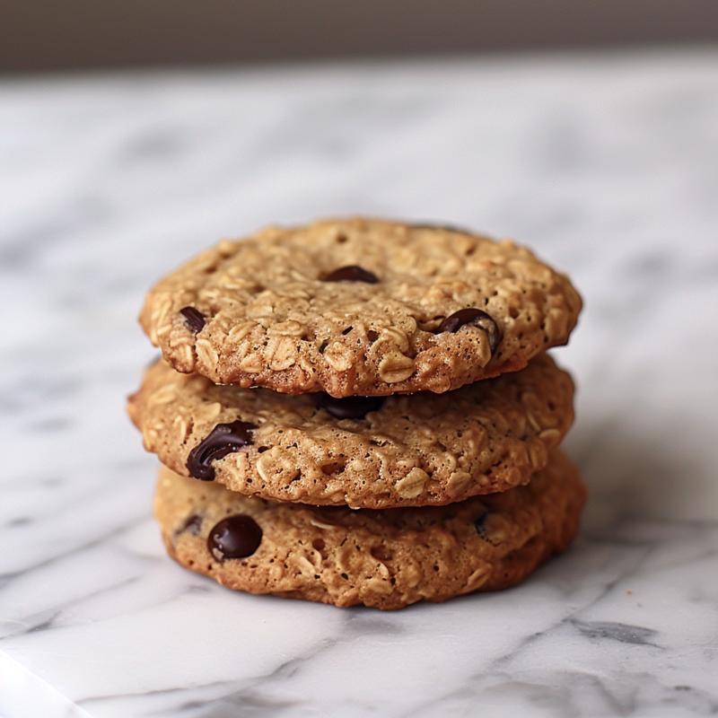 Close-up of three freshly baked oatmeal chocolate chip cookies stacked on a white marble surface.