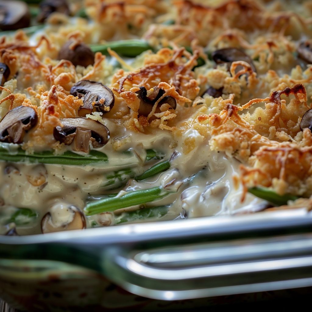 Close-up view of a creamy green bean casserole topped with crispy fried onions.