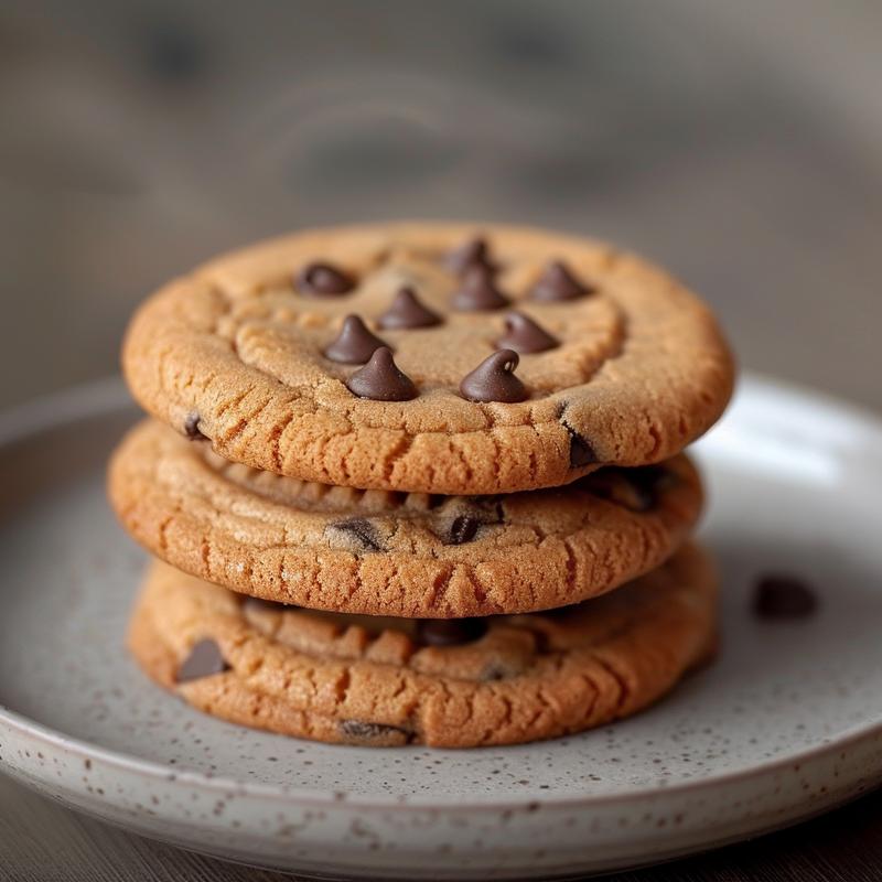 A close-up of a stack of three freshly baked chocolate chip cookies on a light grey ceramic plate.