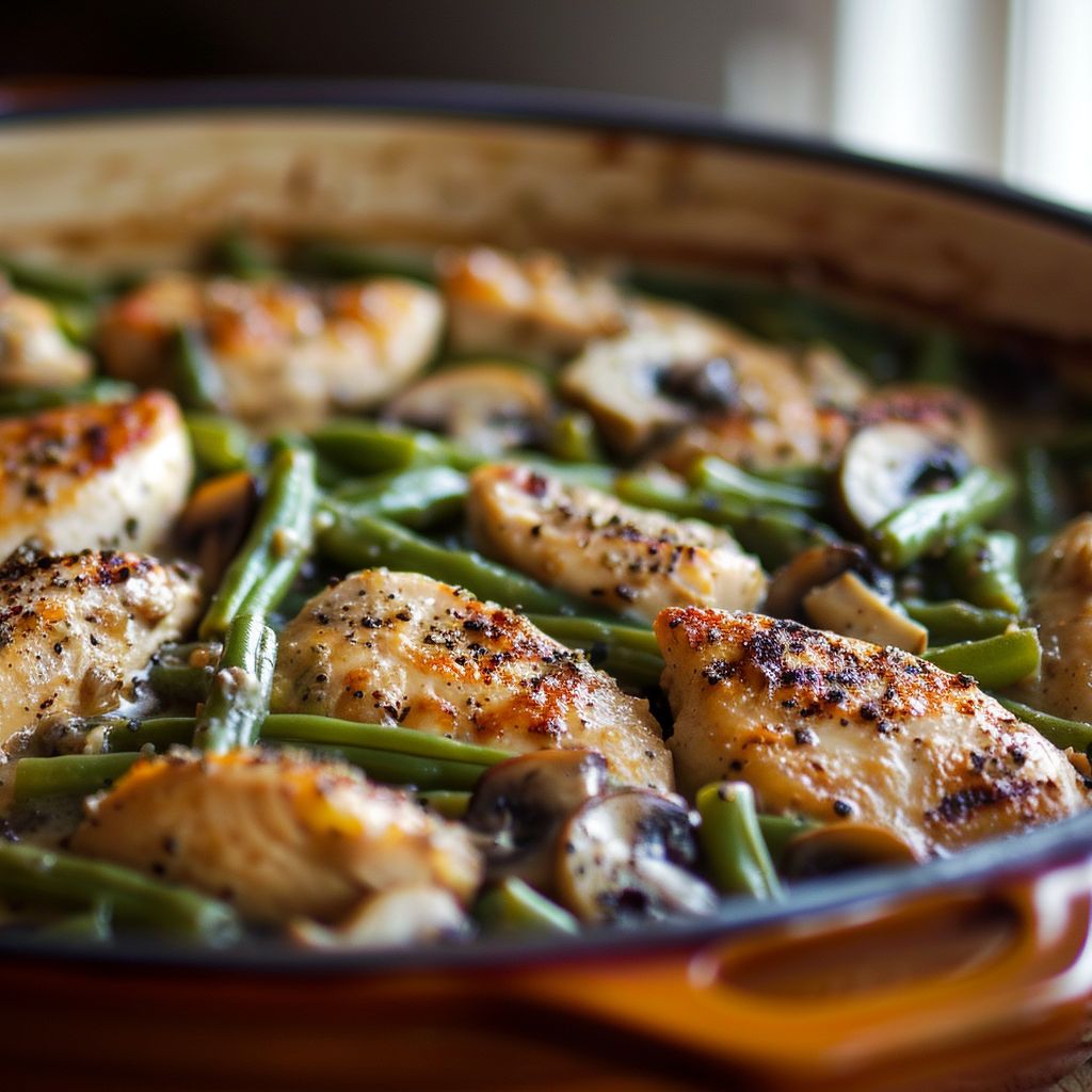 A close-up view of a creamy chicken and green bean casserole, showcasing tender chicken chunks and fresh green beans.