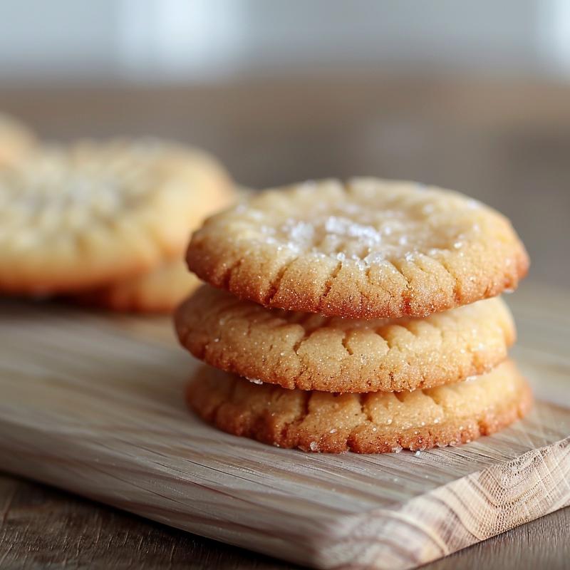Close-up of three golden-brown sugar cookies stacked on a natural wood board.