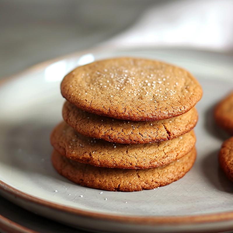 A close-up of three freshly baked gingerbread cookies stacked on a light grey ceramic plate.