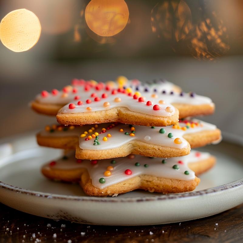 Three decorated Christmas cookies stacked on a light grey ceramic plate.