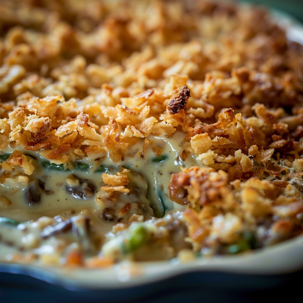 Close-up of a Classic Green Bean Casserole with golden crispy onions on top.