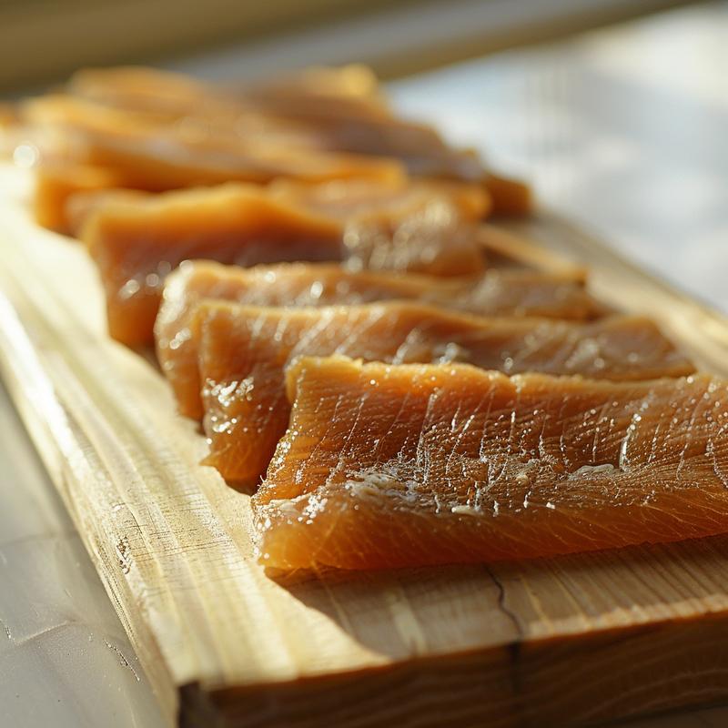 Extreme close-up of a delicious portion of db5qdbqsqwm on a light wood board, showcasing rich textures.