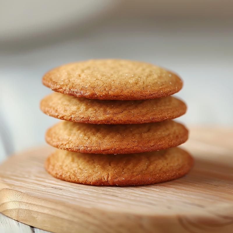 A close-up of three stacked gingerbread cookies on a wooden board.