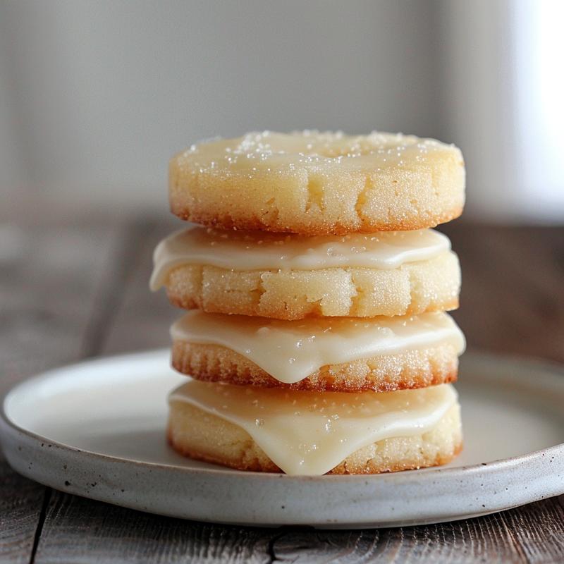 A close-up of three stacked sugar cookies with hardening icing on a light grey ceramic plate.