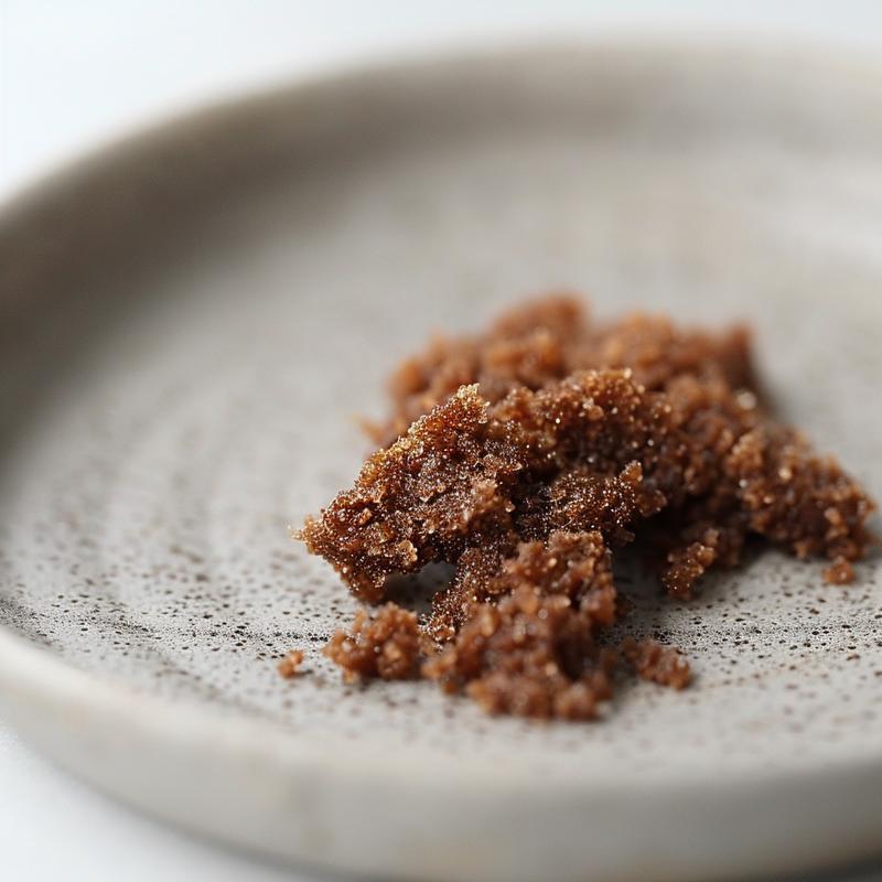 Extreme close-up of a delicious dish served on a light grey ceramic plate.