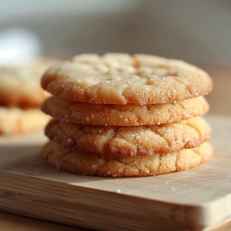 A close-up of three stacked sugar cookies on a wooden surface, highlighting their texture.