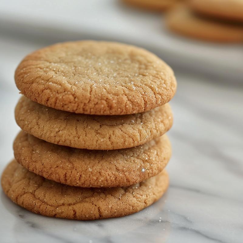 Three chewy sugar cookies stacked on a white marble surface with natural lighting.