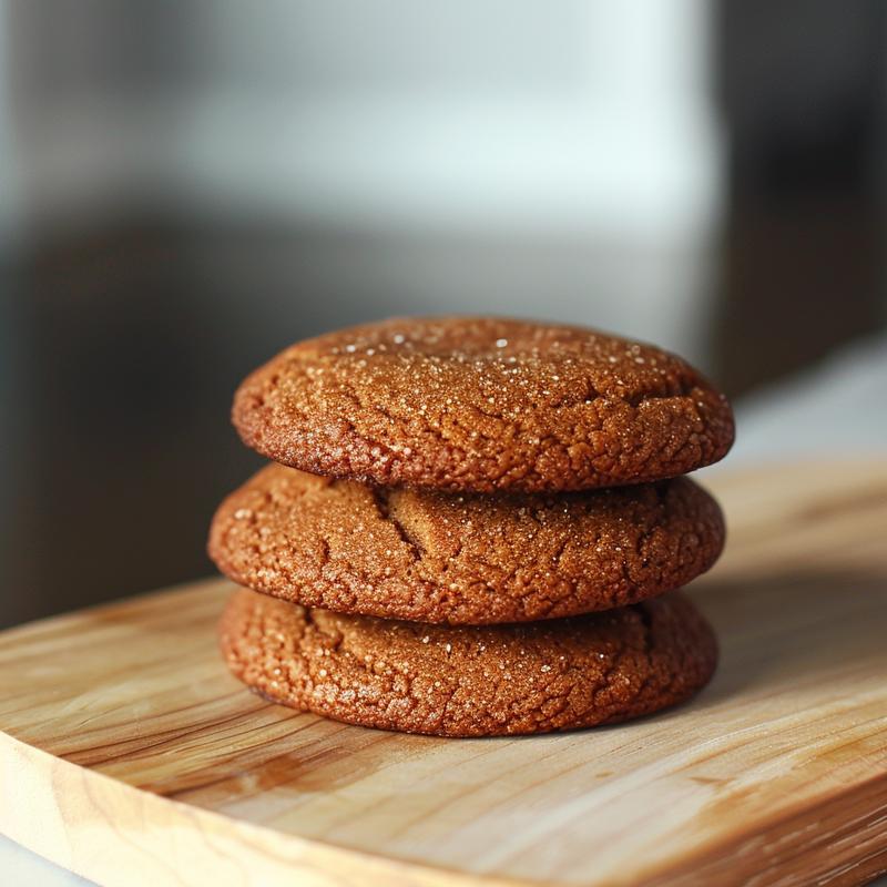 A close-up of three stacked gingerbread cookies on a wooden board, showcasing their texture.