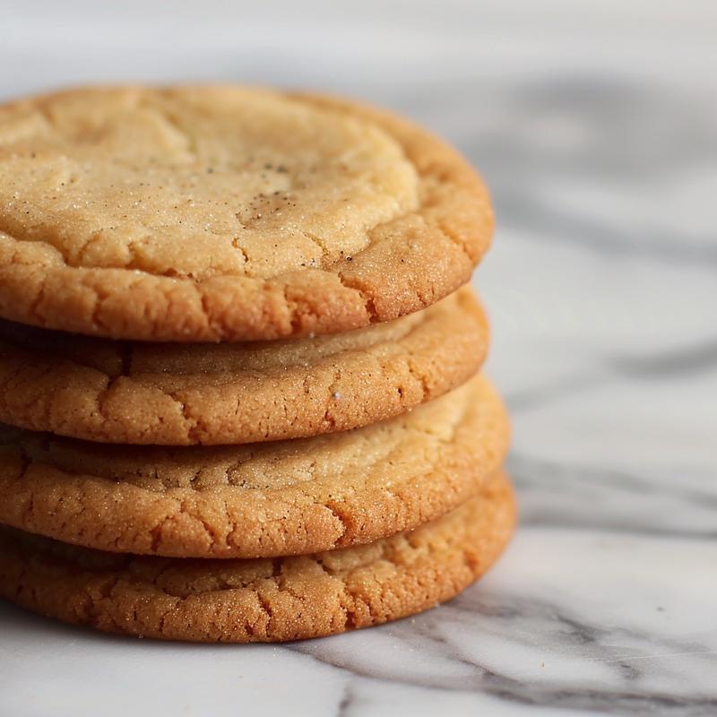 A close-up of three freshly baked sugar cookies stacked on a white marble surface.