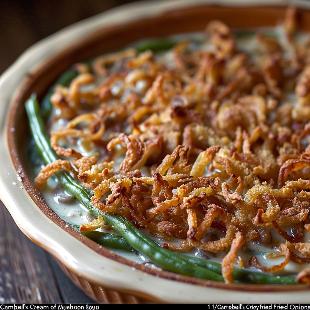 Close-up of a creamy green bean casserole with crispy fried onions on top, illuminated by soft natural light.