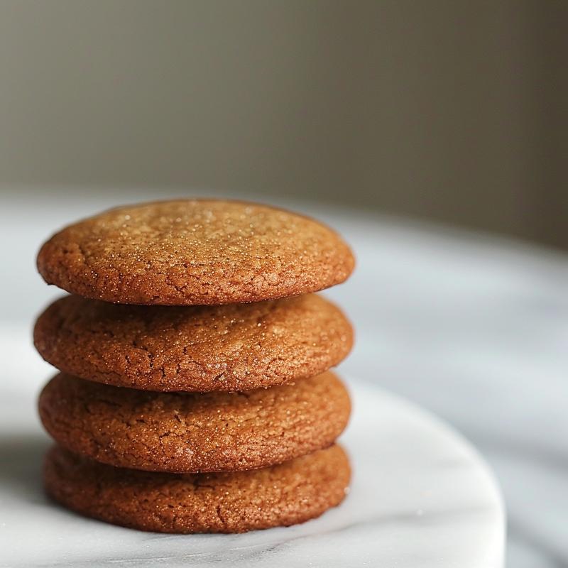 Close-up of three stacked gingerbread cookies on a marble surface.