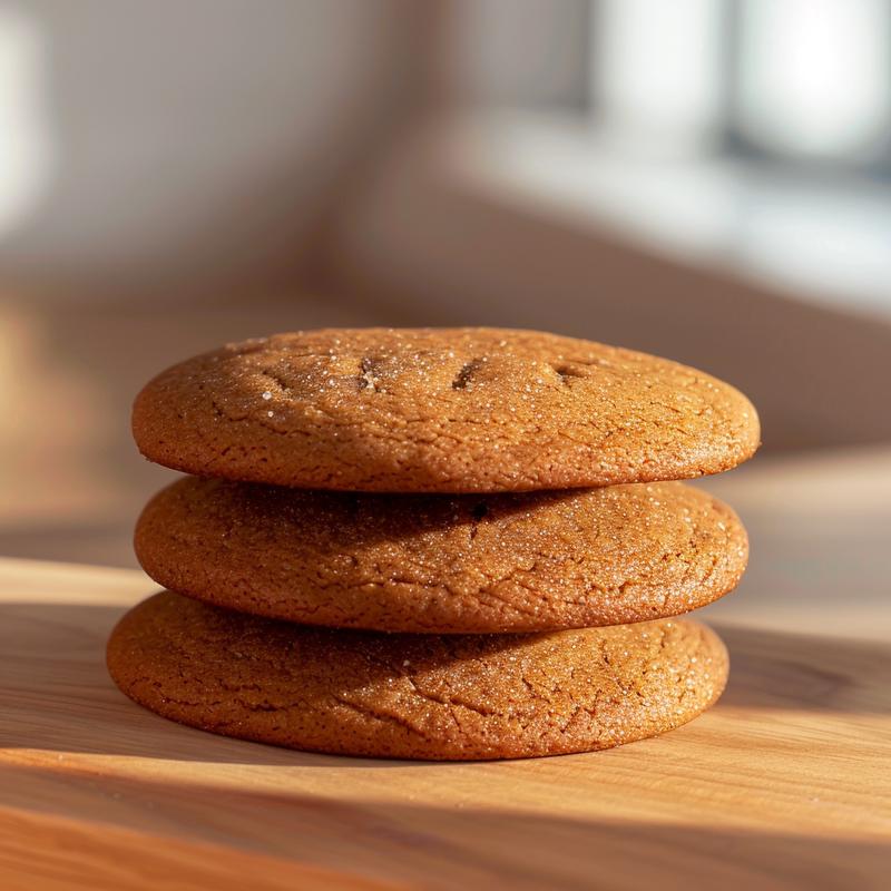 A close-up view of three stacked gingerbread cookies on a light wood board.