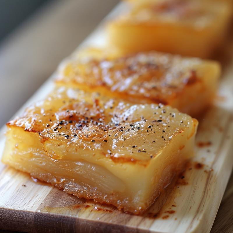 Extreme close-up of a beautifully plated portion of ckqajeoogpc on a light wooden board.