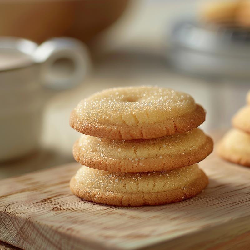 A close-up of three soft sugar cookies stacked on a light wood surface, illuminated by natural light.