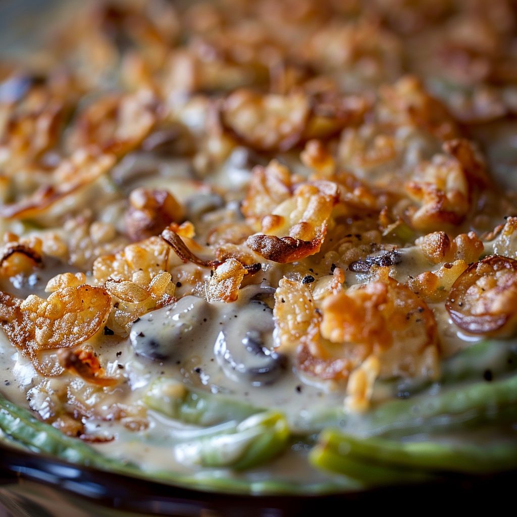 Close-up of a green bean casserole with crispy topping, illuminated by warm natural light.