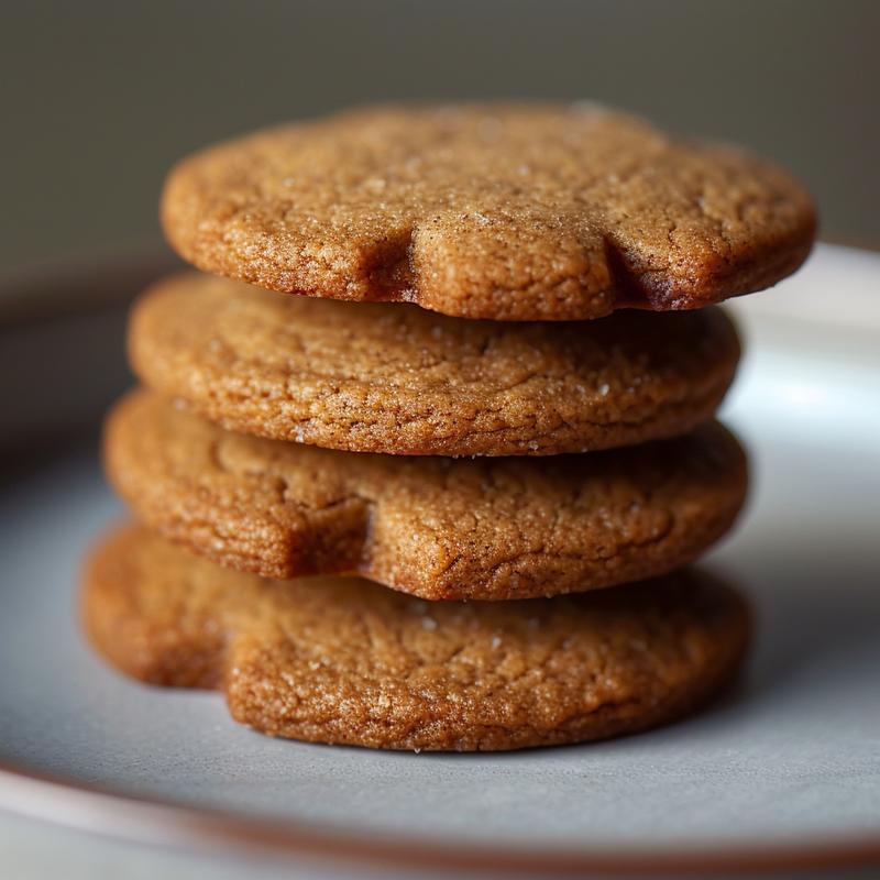 A close-up of three soft chewy gingerbread men cookies stacked on a light grey ceramic plate.