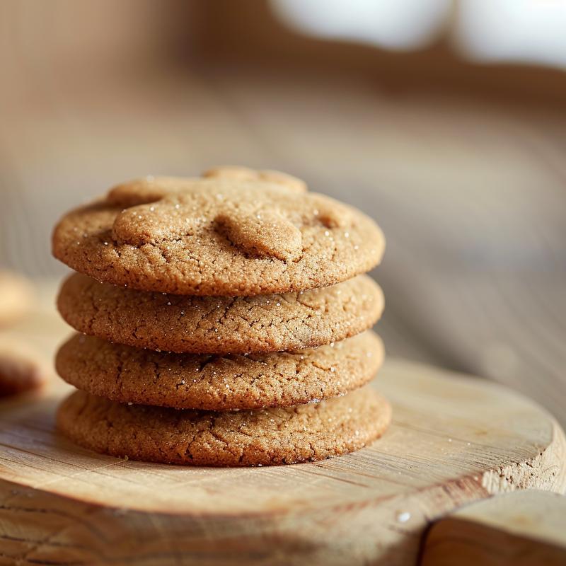 A close-up of three soft chewy gingerbread men cookies stacked on a light wood board.