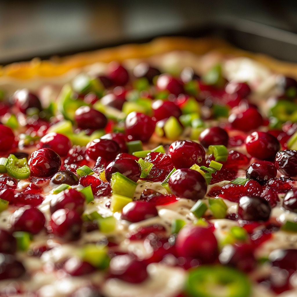 A close-up view of creamy Cranberry Jalapeno Dip in a bowl, garnished with green onions.