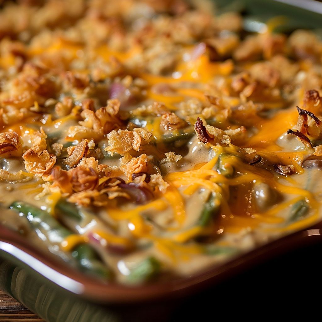 Close-up of a creamy green bean casserole topped with crispy fried onions.