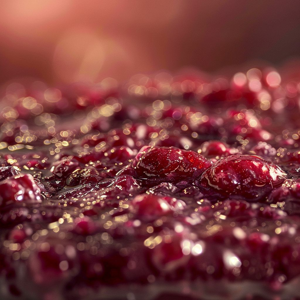 Close-up image of cranberry curd in a glass dish, showcasing its smooth, glossy texture.
