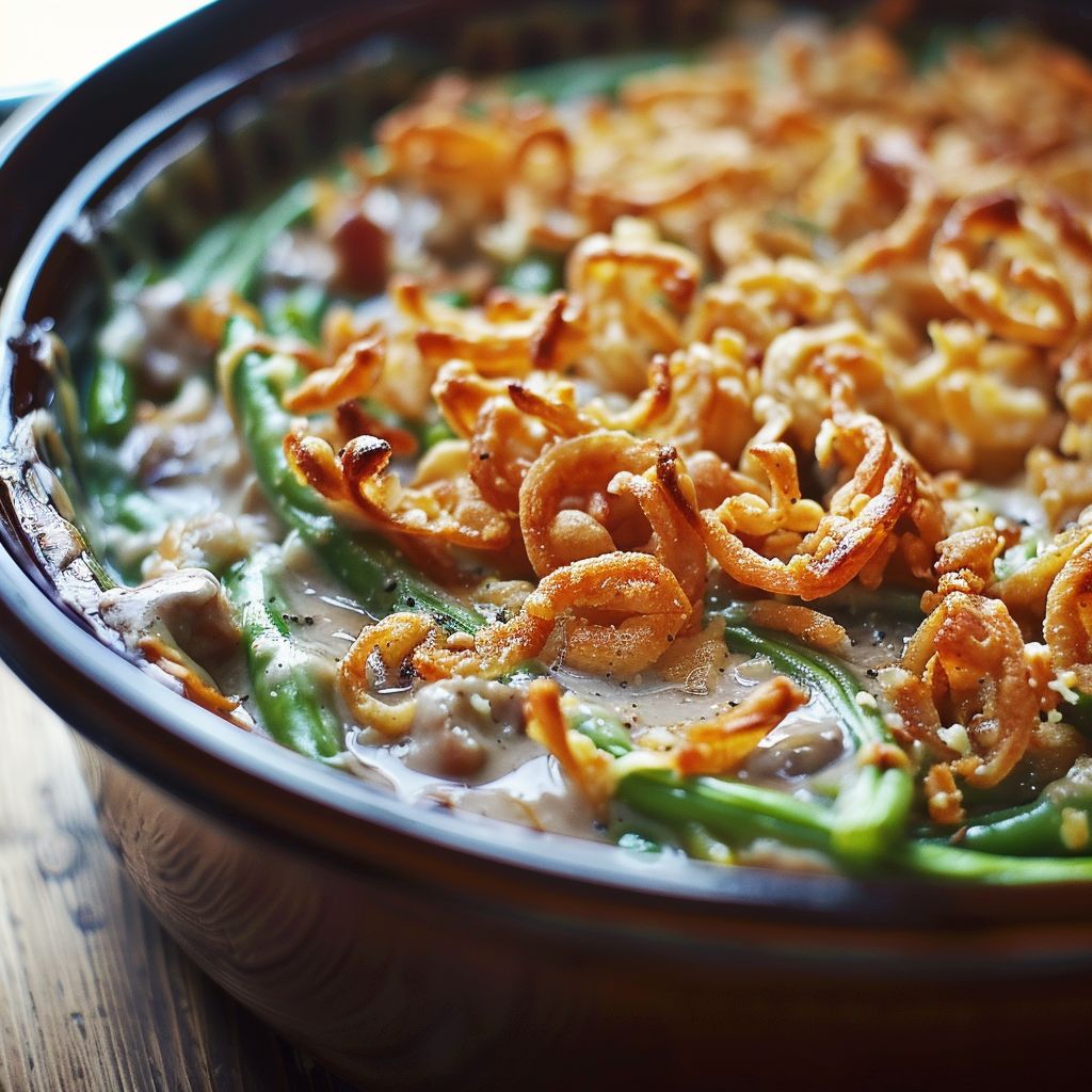Close-up shot of a creamy green bean casserole topped with crispy French fried onions.