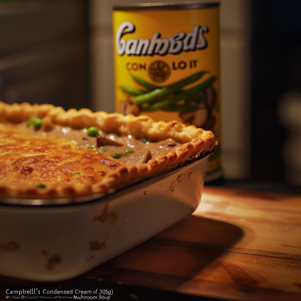 Close-up of a green bean casserole showcasing fresh green beans, mushrooms, and crispy topping.