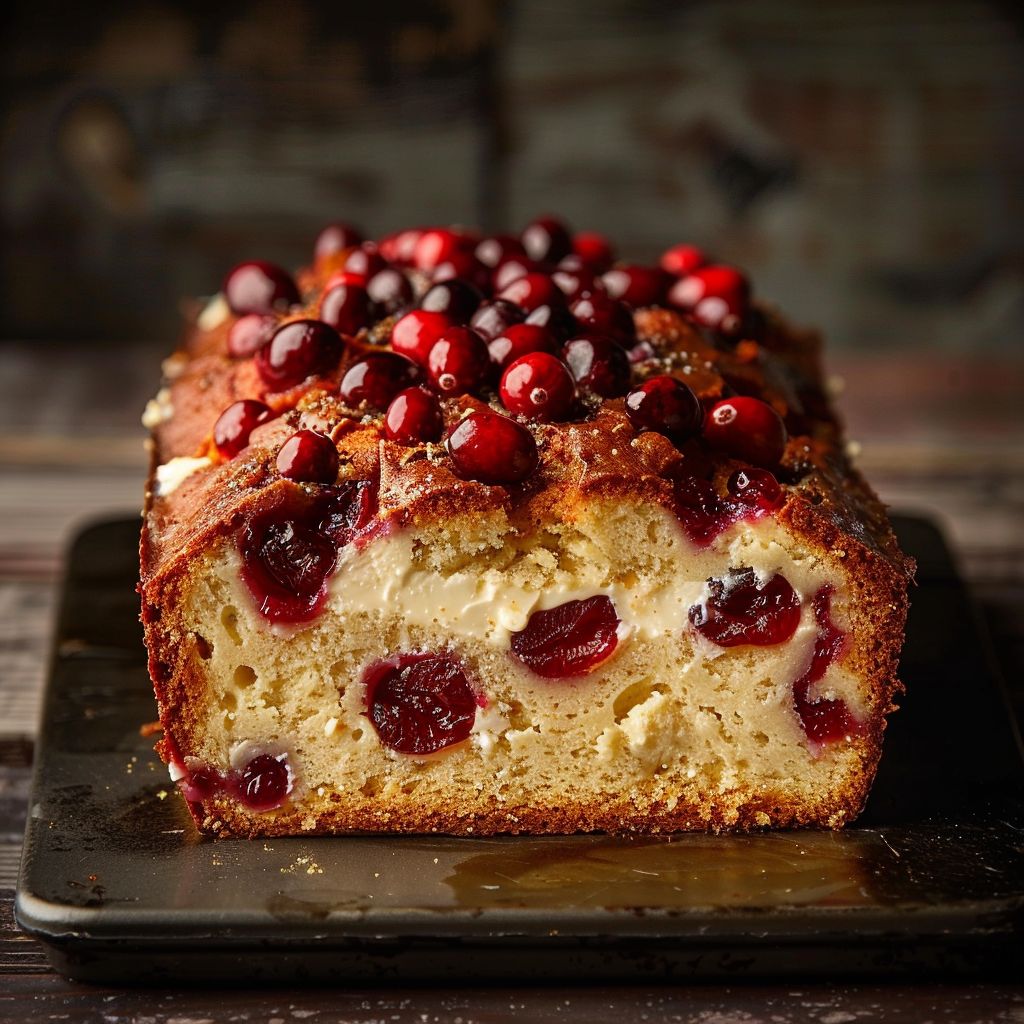 A slice of Cream Cheese Cranberry Loaf with visible cranberry pieces and a creamy texture.