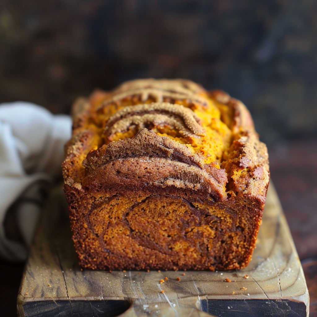 A slice of cinnamon pumpkin bread on a rustic wooden table.