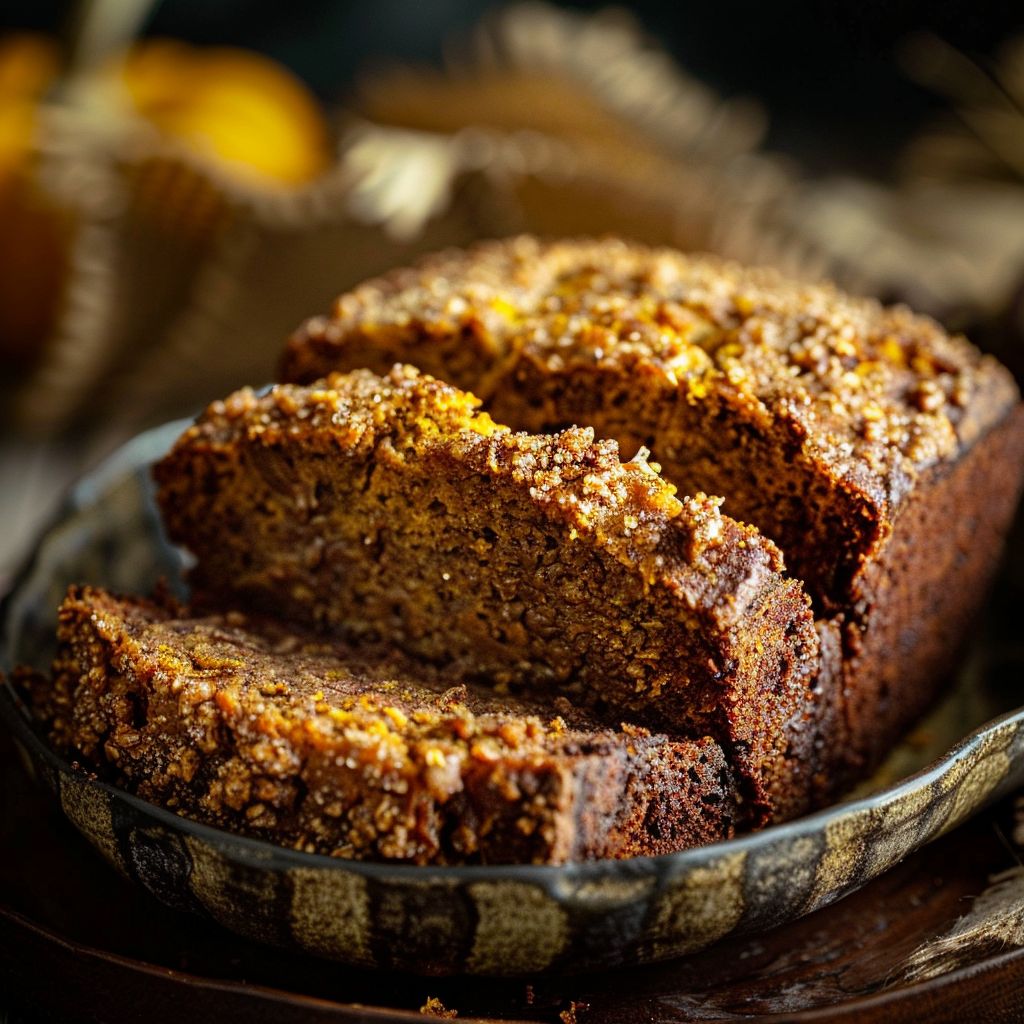 A slice of cinnamon pumpkin bread displayed on a wooden board with a light background.