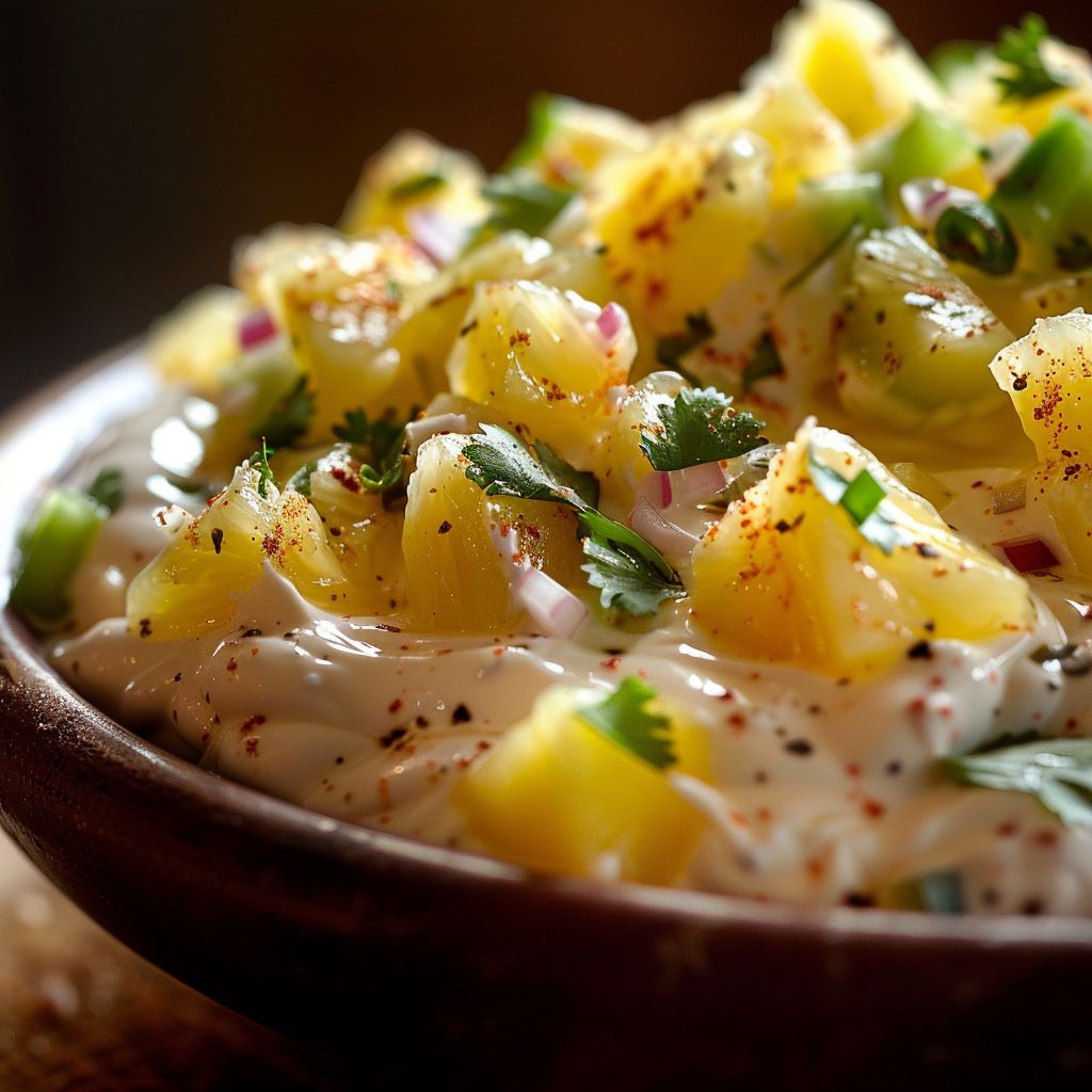 Close-up of a creamy Sweet and Tangy Party Dip with colorful ingredients in a rustic setting.