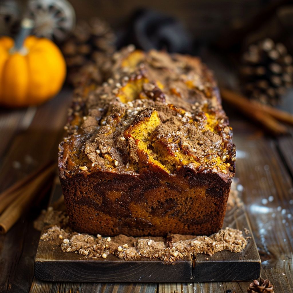 A freshly baked cinnamon pumpkin bread loaf on a rustic wooden surface.