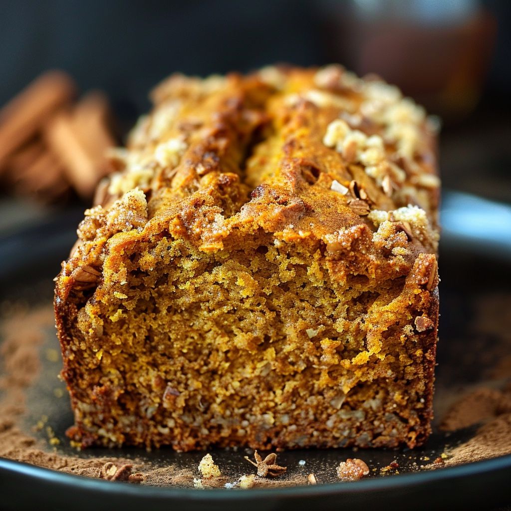 A loaf of cinnamon pumpkin bread on a rustic wooden surface, with a soft focus background.