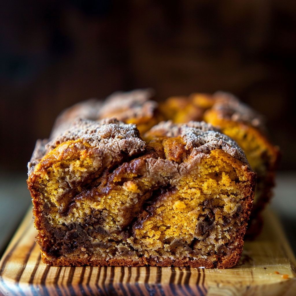 A close-up of a slice of cinnamon pumpkin bread on a wooden cutting board.