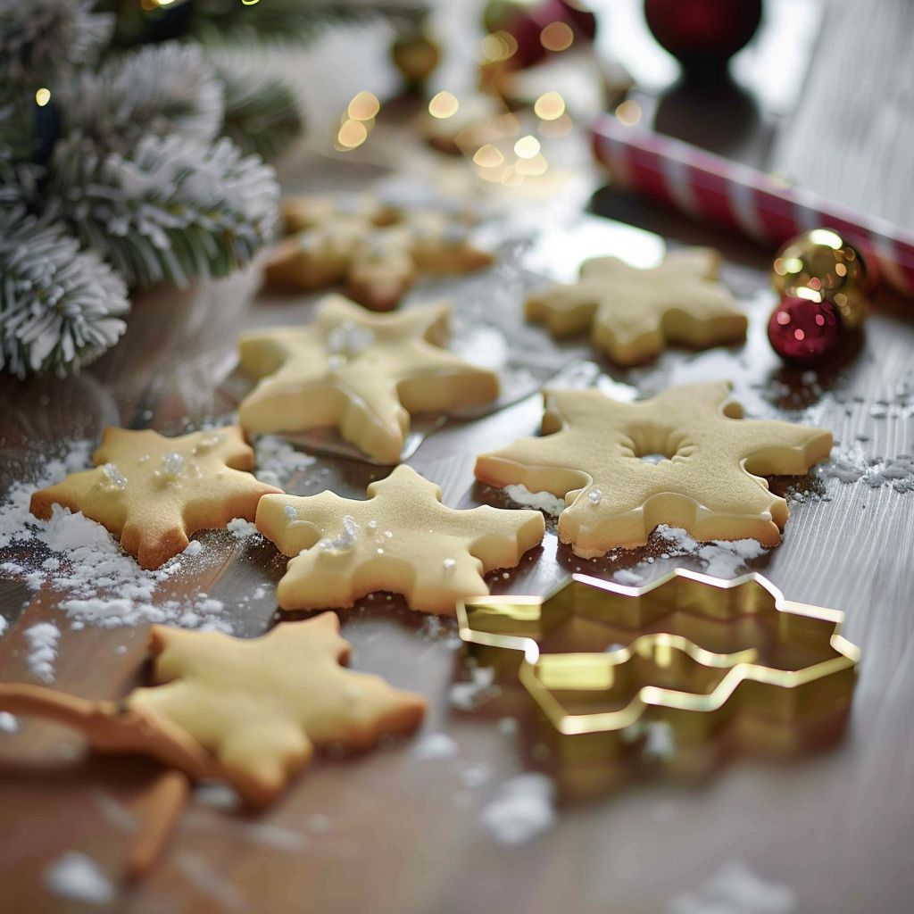 Large Christmas cookie cutters in various festive shapes, surrounded by flour and baking tools.
