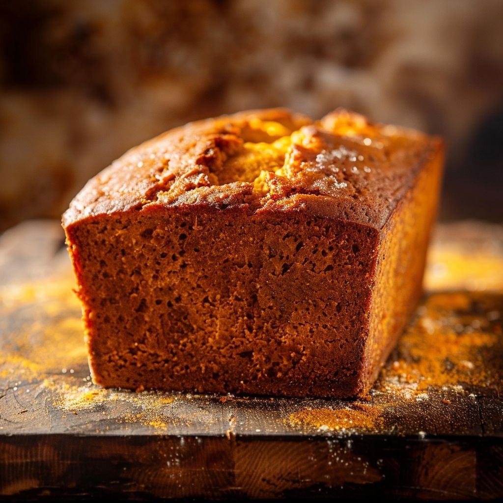 A slice of moist pumpkin bread topped with brown sugar pecans, displayed on a wooden board.