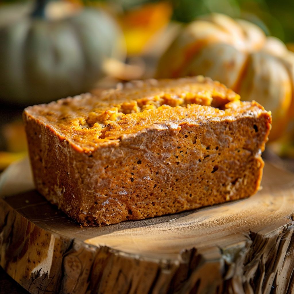 A slice of rich brown butter pumpkin bread topped with a glossy salted maple glaze on a wooden cutting board.