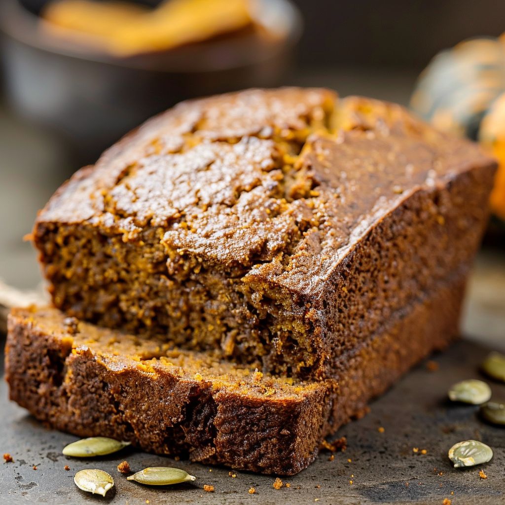 A loaf of brown butter pumpkin bread drizzled with salted maple glaze, displayed on a rustic wooden cutting board.