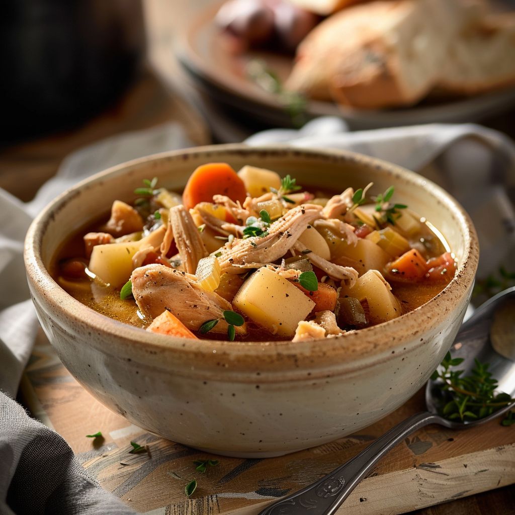 A close-up photo of slow cooker chicken stew with colorful vegetables, garnished with herbs.