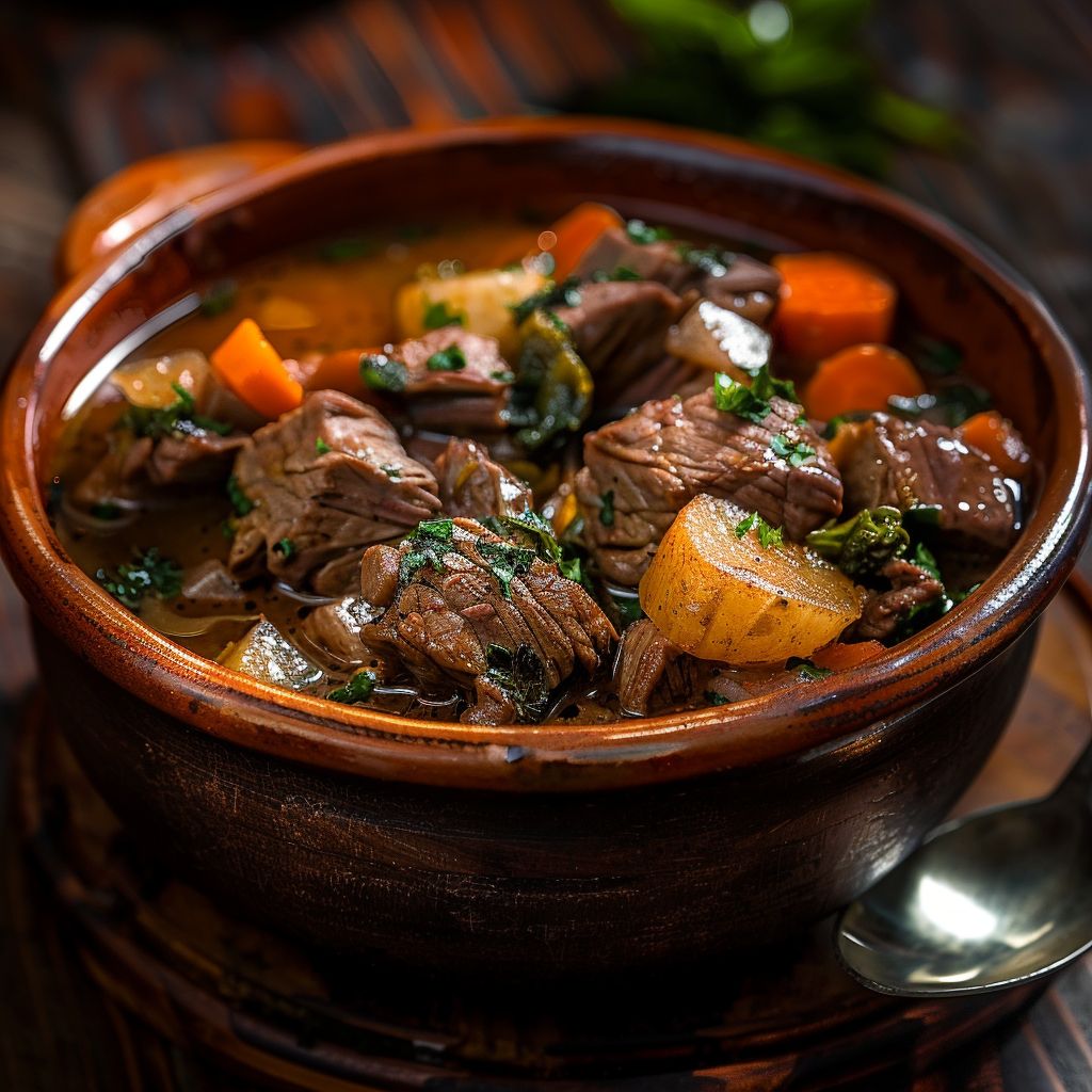 A bowl of hearty beef stew with chunks of beef, carrots, and potatoes in a rich sauce.