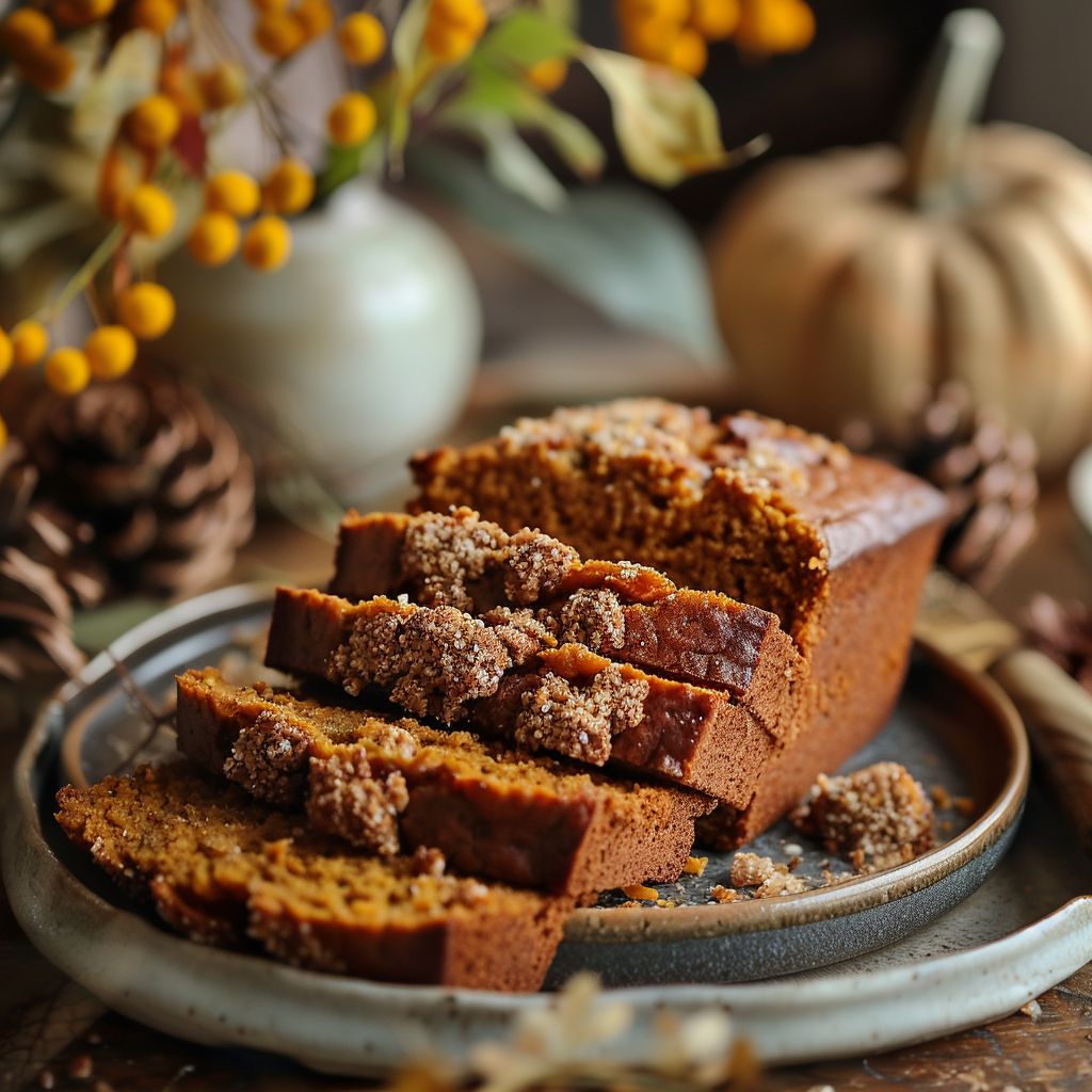 A freshly baked pumpkin bread loaf topped with a light brown streusel, placed on a wooden table.
